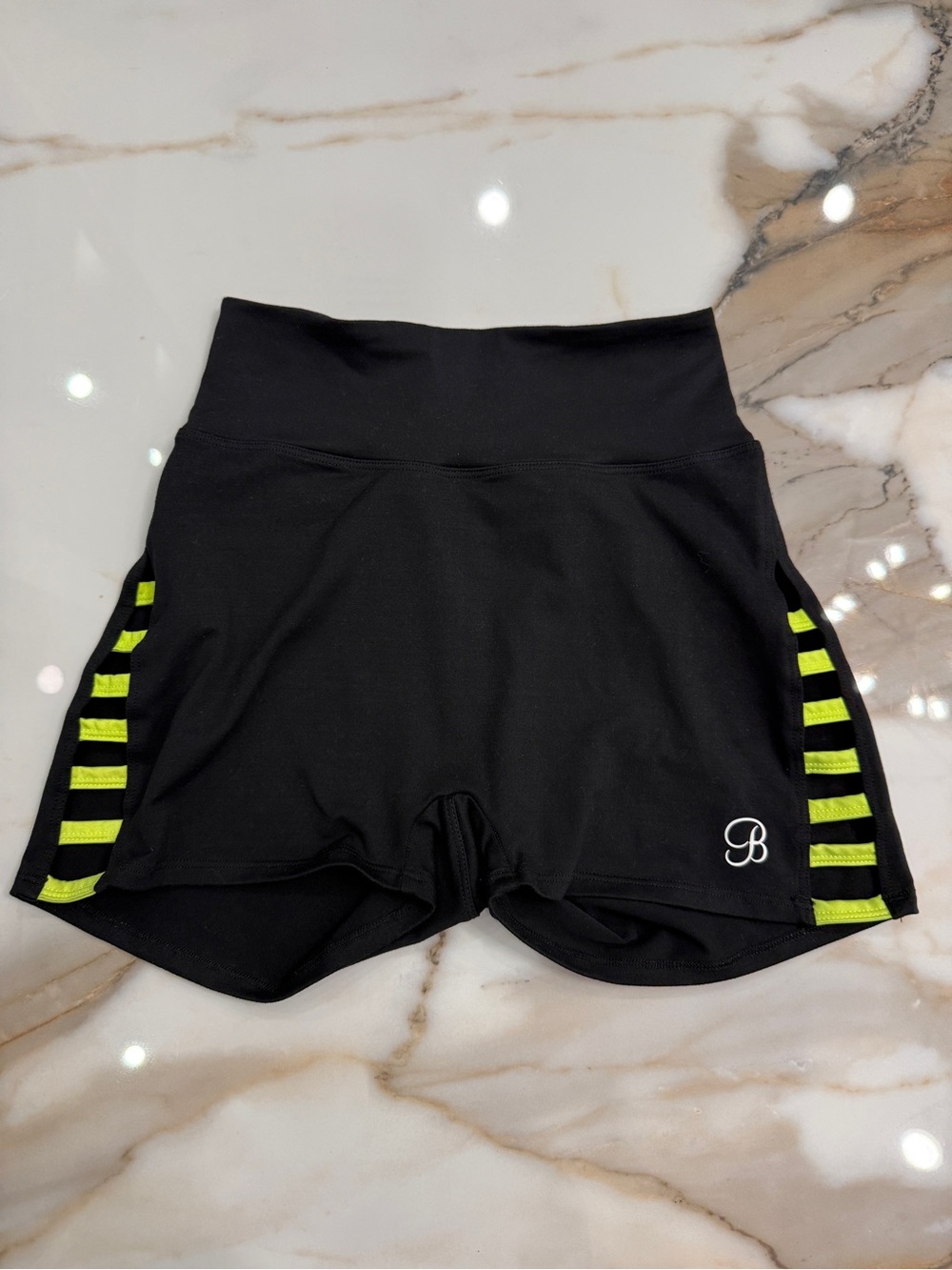 Bombshell Sportswear Black High-Waist Shorts with Neon Lime Stripe
